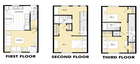 Floor plan for 3 beds, 2 baths